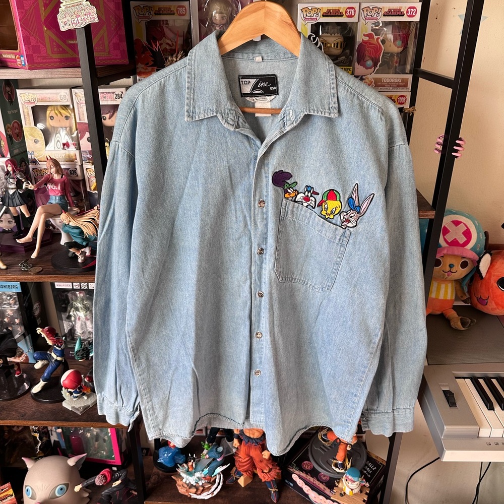 Vintage Looney Tunes Denim Shirt Men’s Large USA Made Warner Bros - Picture 1 of 8